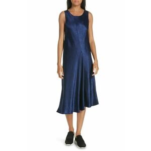 Vince Asymmetrical Sleeveless Midi Dress Crinkled Satin Bias Blue Size Large